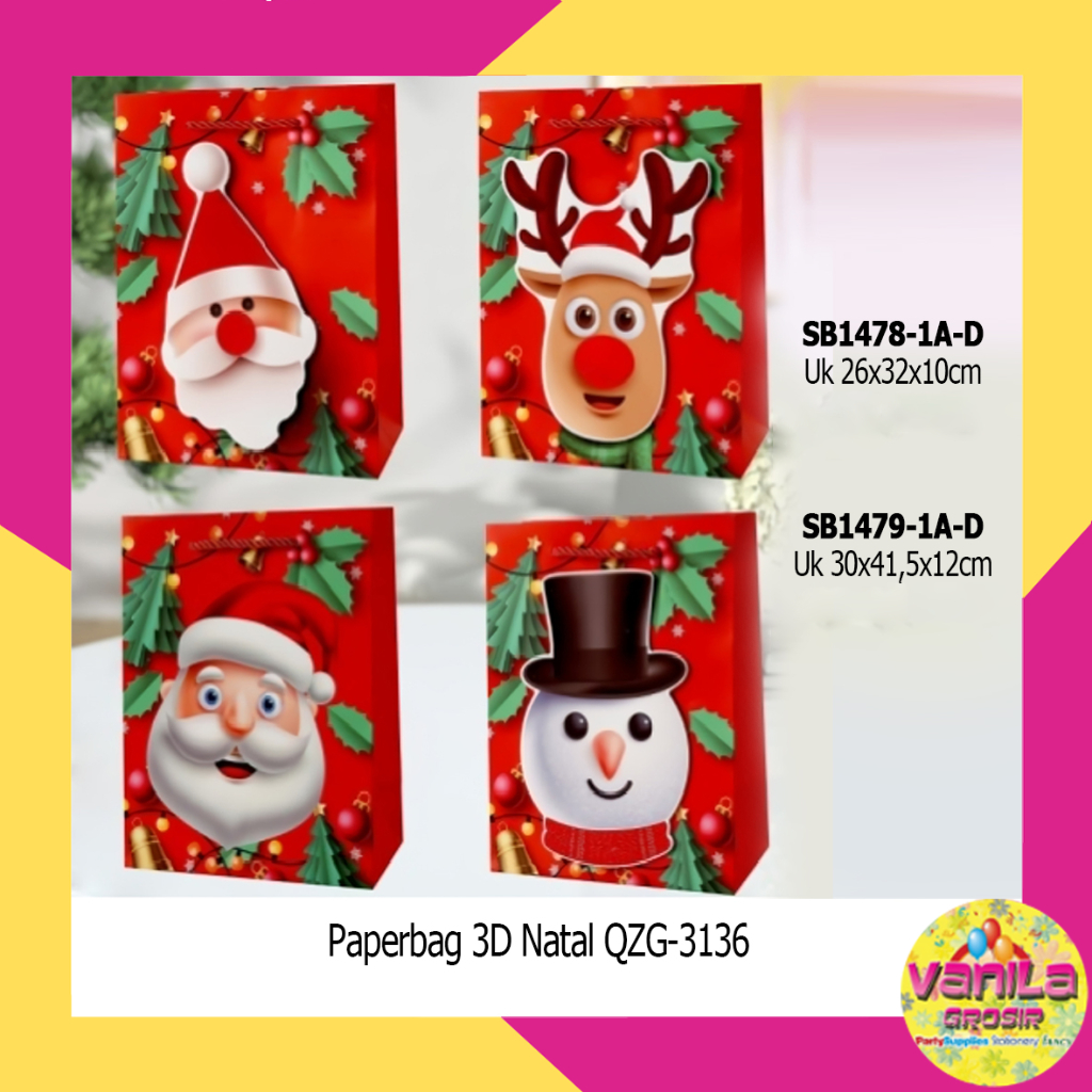 

(1Pcs) Paperbag 3d Natal Uk 30x41,5x12cm, tas kado natal, paperbag natal, tas souvenir natal, paperbag merry christmas