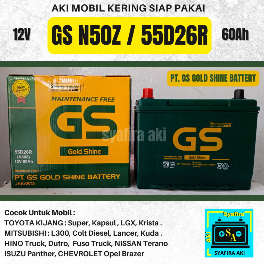 Aki Mobil Kijang Super N50Z GS GOLD SHINE 12V / 60 Ah Aki Kering