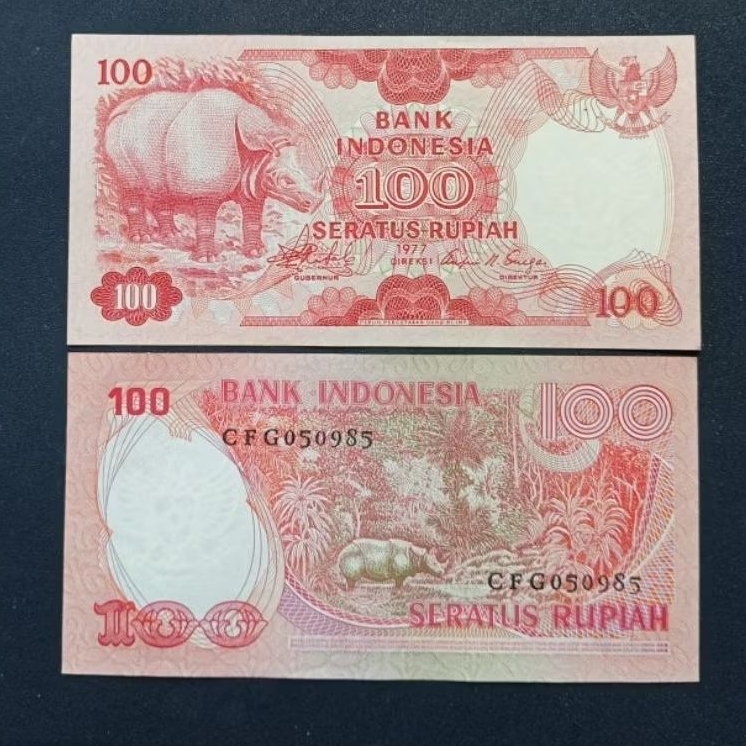 Uang Kertas Kuno Indonesia 100 Rupiah Badak Tahun 1977