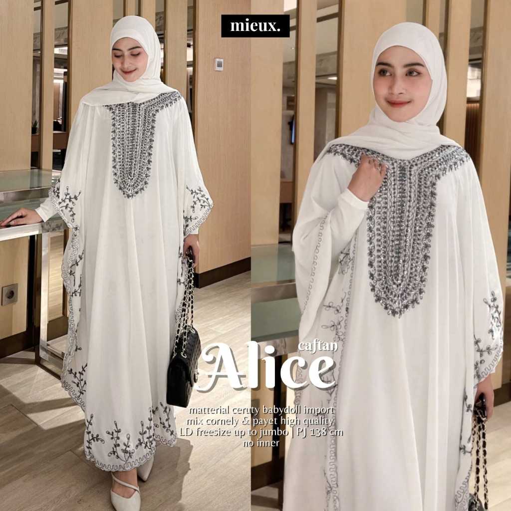 KAFTAN LEBARAN WARNA PUTIH || KAFTAN BAJU LEBARAN WANITA MUSLIMAH KEKINIAN || ALICE KAFTAN BAHAN CER