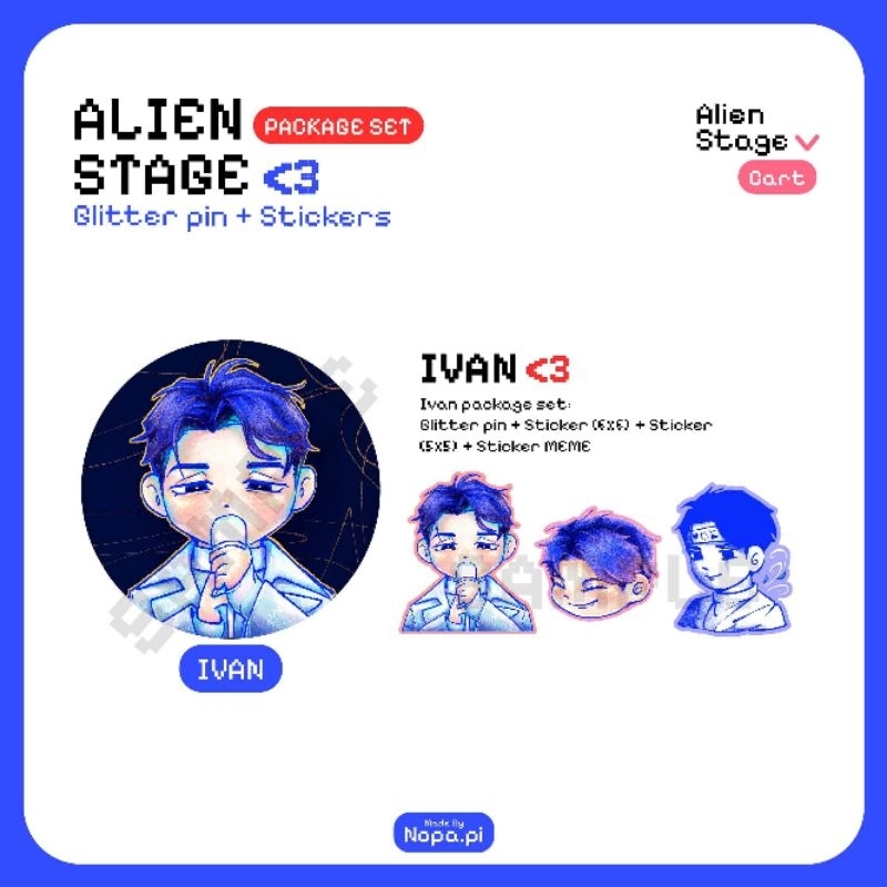 (PACKAGE SET) ALIEN STAGE FAN MERCH (PIN + STICKERS) BY NOPA.PI on IG (LIMITED STOCK) // Paket Alien