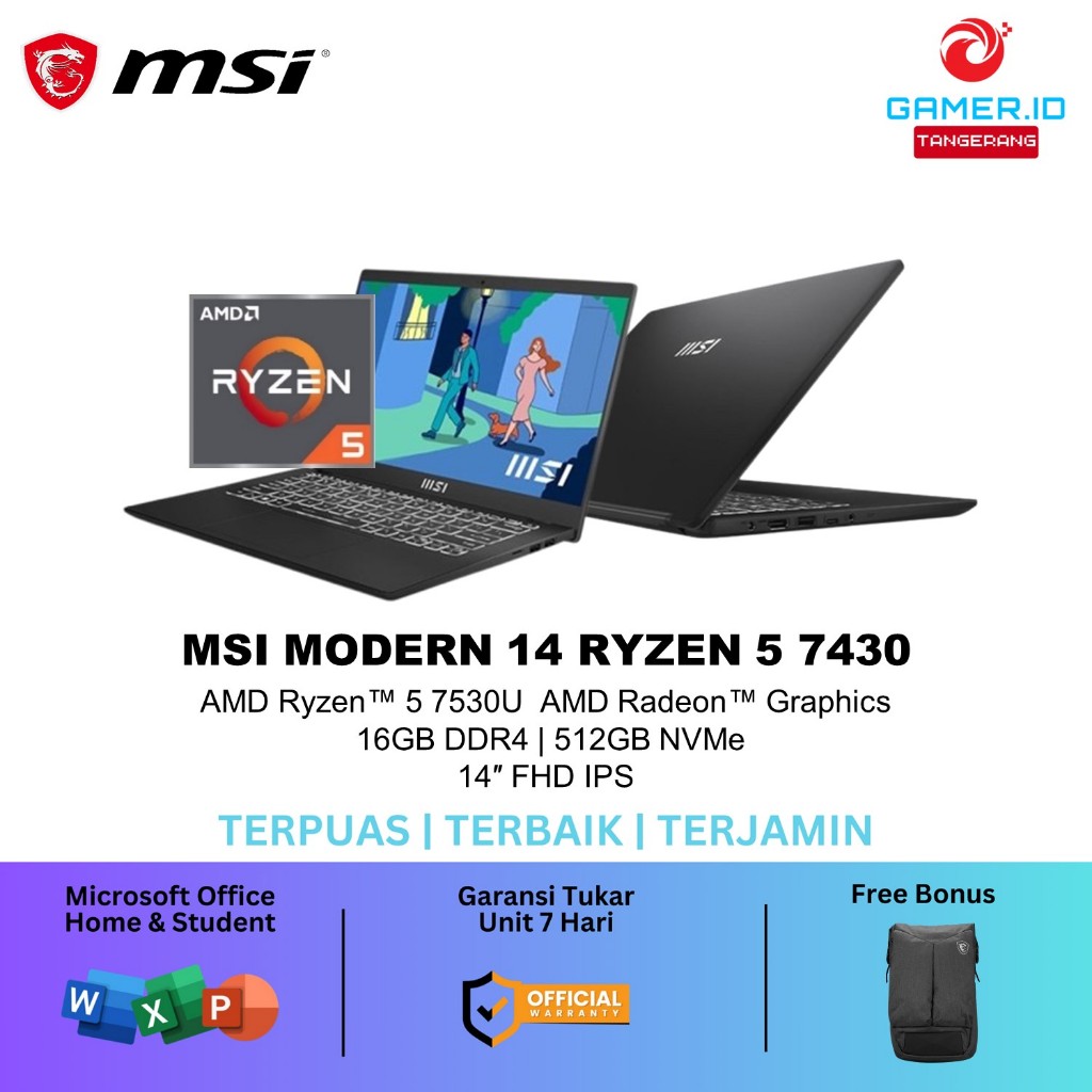 LAPTOP MSI MODERN 14 RYZEN 5 7430 16GB 512GB W11+OHS 14.0FHD IPS BLIT