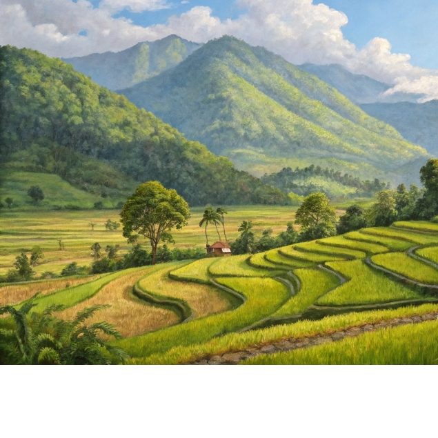 Lukisan Pemandangan Sawah Terasering – Nuansa Alam yang Menenangkan