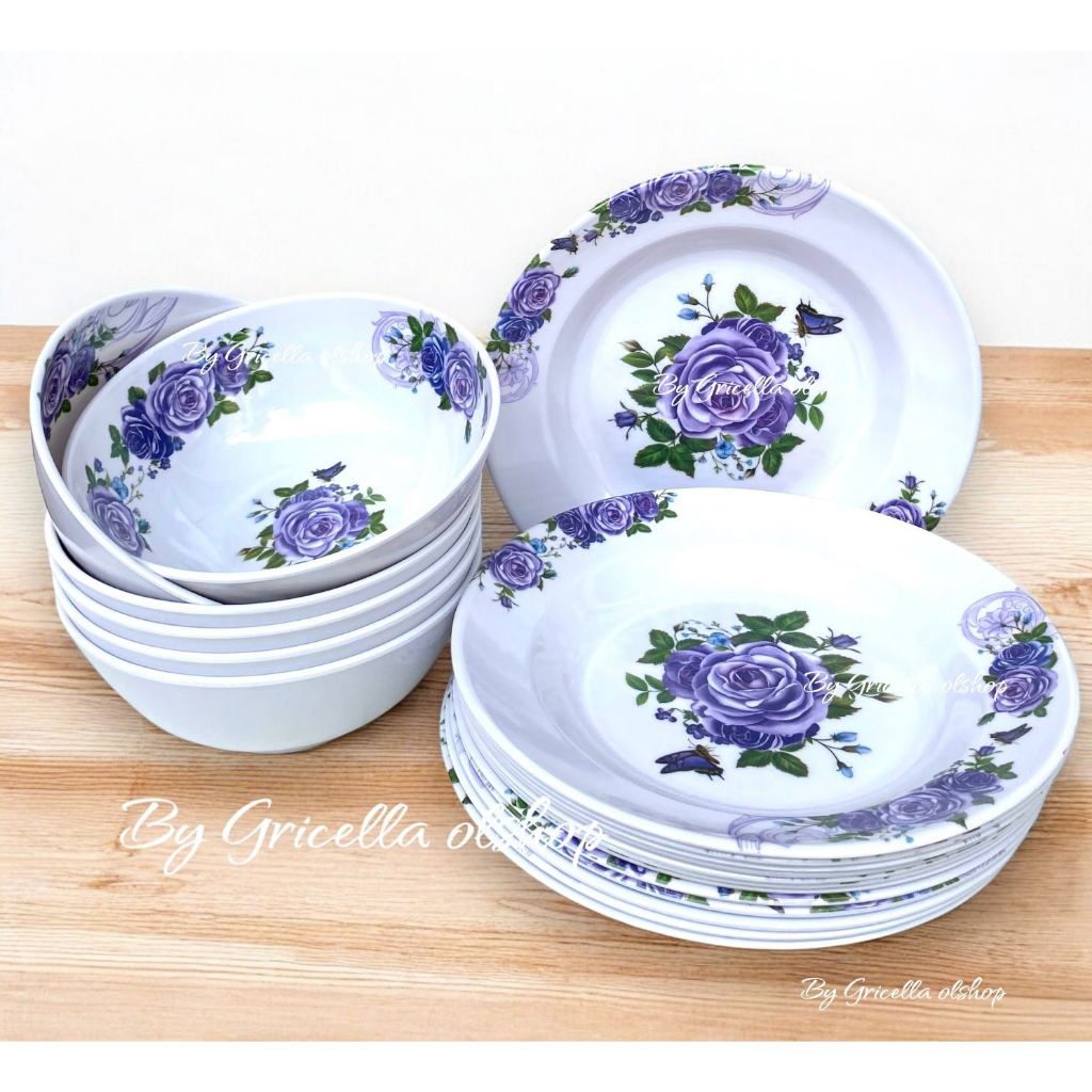 PROMO 3 PCS PIRING MAKAN BULAT KEMBANG UNGU DAN 3 PCS MANGKUK BULAT KEMBANG UNGU MELAMINE WARE