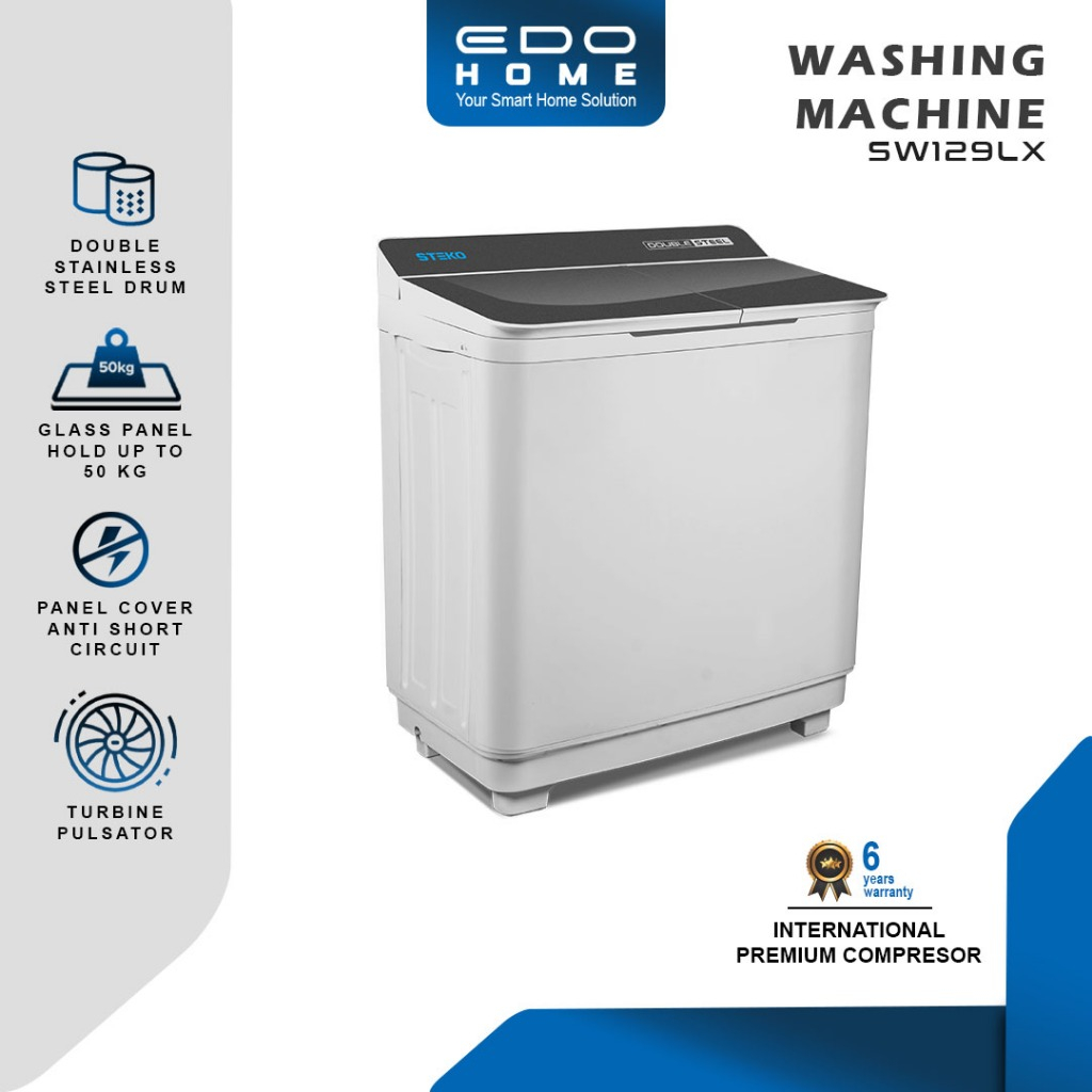 MESIN CUCI STEKO SW 129 LX - MESIN CUCI 2 TABUNG 12 KG DENGAN TUTUP KACA (TEMPERED GLASS DOOR)
