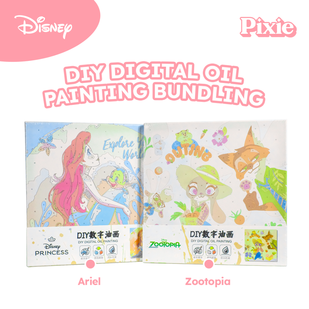 

PIXIE X DISNEY | Set DIY Oil Painting Disney Original | Paket Princess Ariel Little Mermaid dan Zootopia Kanvas Lukis Hadiah