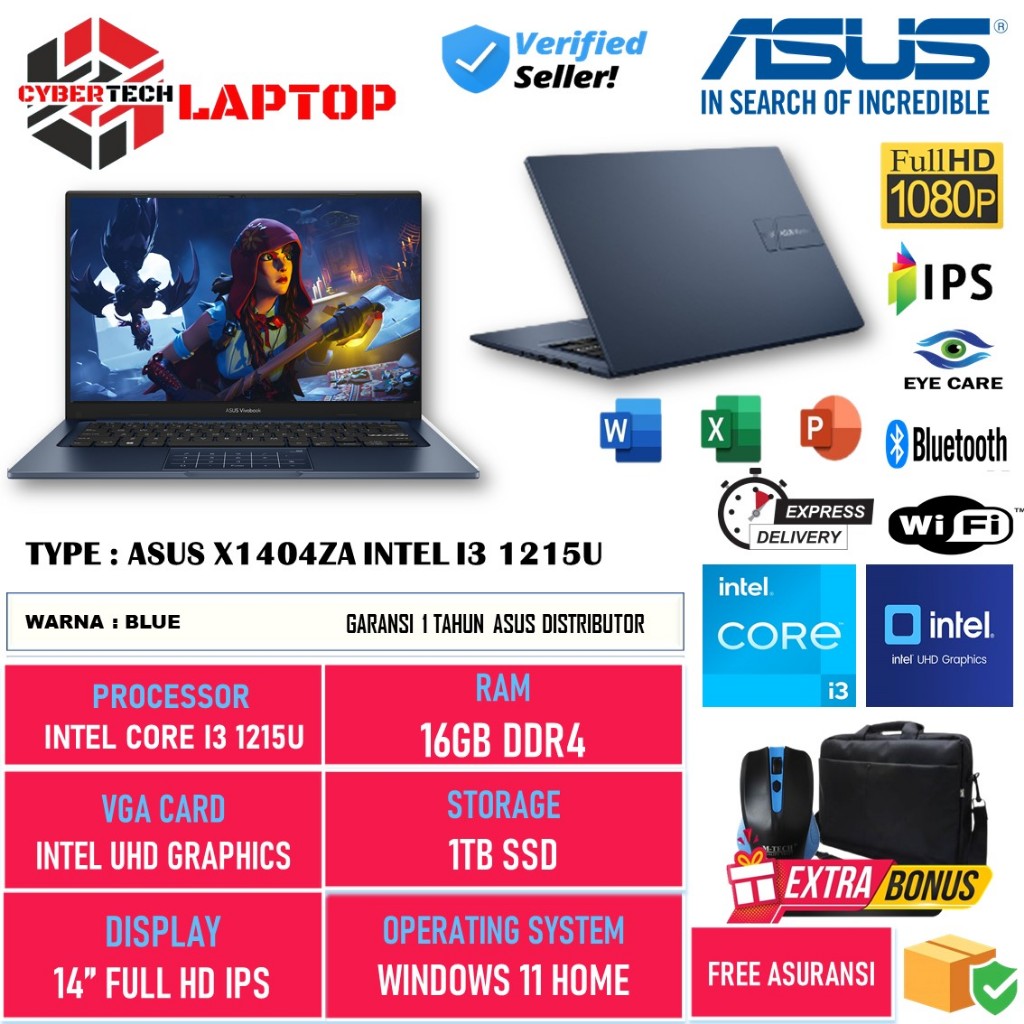 Terbaru Laptop Asus Vivobook 14 X1404ZA Intel Core I3 1215U 16GB 1TB SSD 14 Inch Full HD Windows 11 