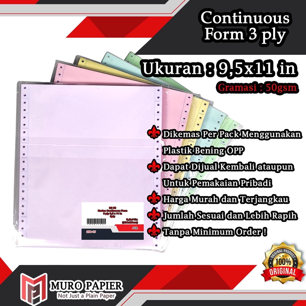 

KODE PRODUK FVKMI456 PER PAK ISI 5 Kertas Continuous Form 5 gsm 3 ply dan 3 ply PRS 95 x 11 in by Muro Papier