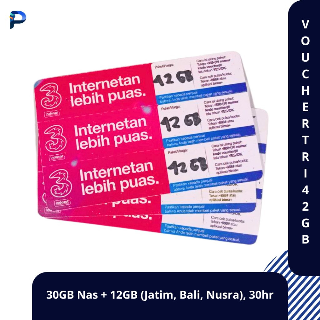 Voucher Gesek Tri Happy 42GB (30GB Nasional + 12GB Lokal Jatim, Bali, Nusra) 30 Hari