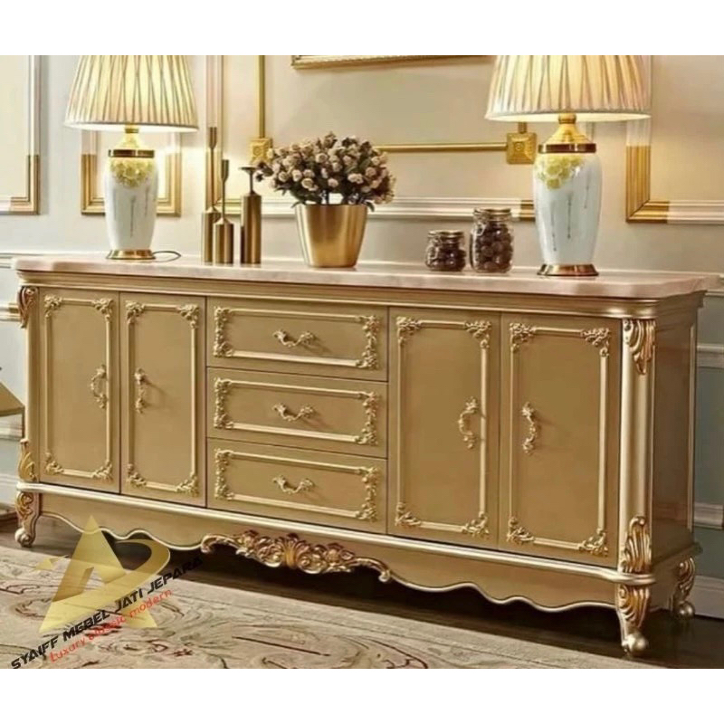 bufet TV full ukir kayu jati solid Finesing glod emas mewah