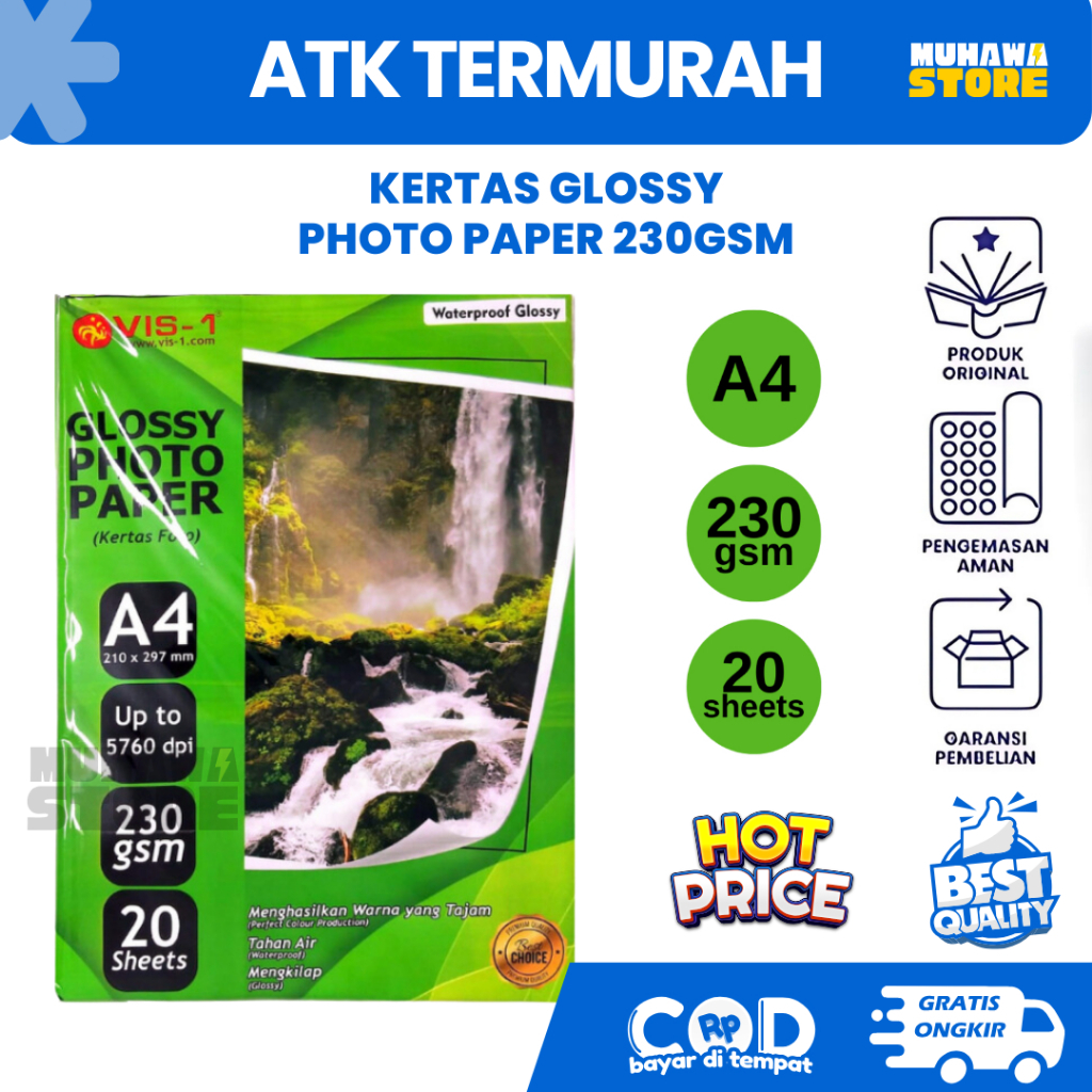 

VIS-1 KERTAS GLOSSY PHOTO PAPER A4 I 230GSM 20 SHEETS / WATERPROOF