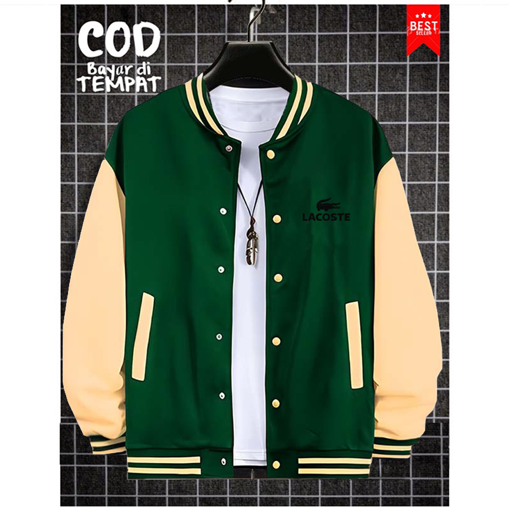 Cod Sweater Jaket Baseball Varsity Kancing Lacoste Hitam Quality Premium / Baseball Distro Pria Wani