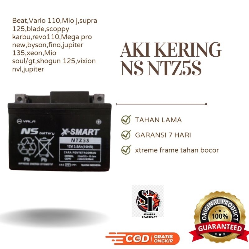 Aki Motor X-SMART NS Battery GTZ5S 12V3,5AH untuk HondaBeat,Scoopy,SupraX,Kharisma,X-Ride,Mio M3,
