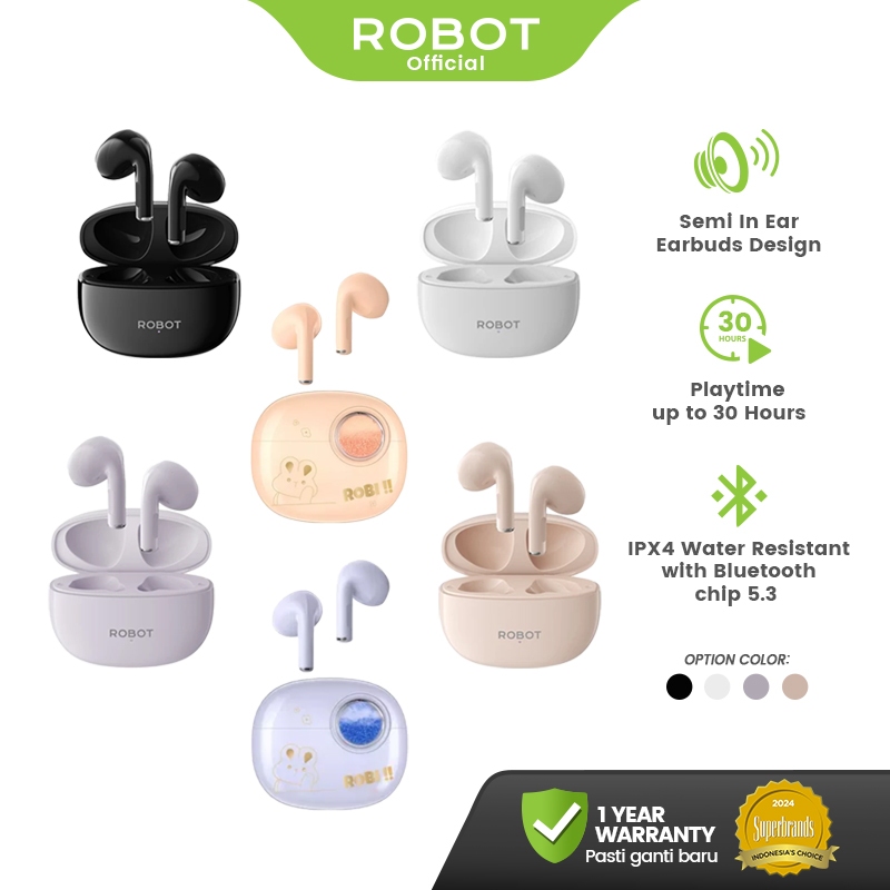 ROBOT TWS Flybuds T10S Semi In Ear Wireless Earbuds Bluetooth 5.3 IPX4 Waterproof Original - Garansi