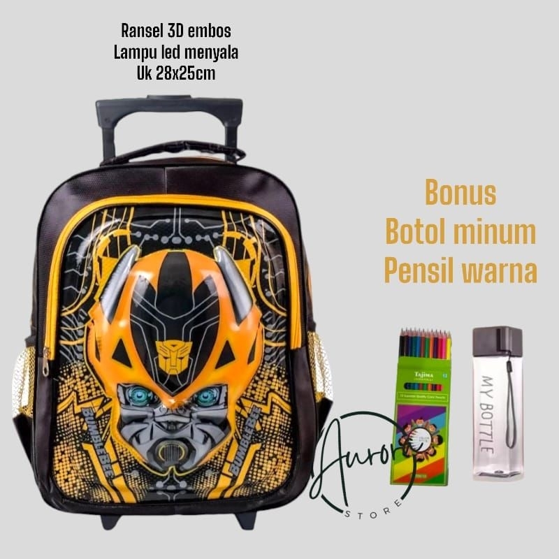 tas ransel anak laki-laki TK motif Bumblebee 3D LED lampu menyala - tas troli anak cowok TK motif Bu