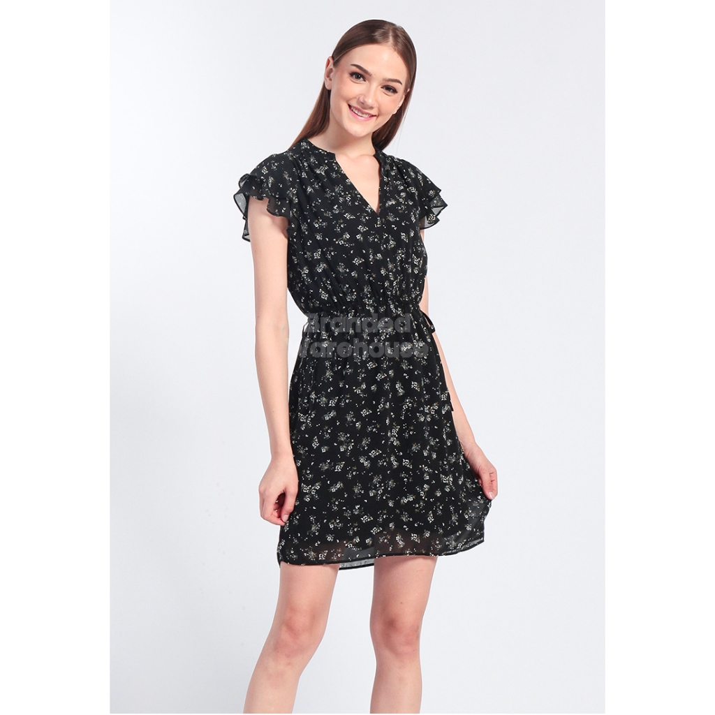 HM DRESS V-NECK BLACK PRINT MOTIF BUNGA