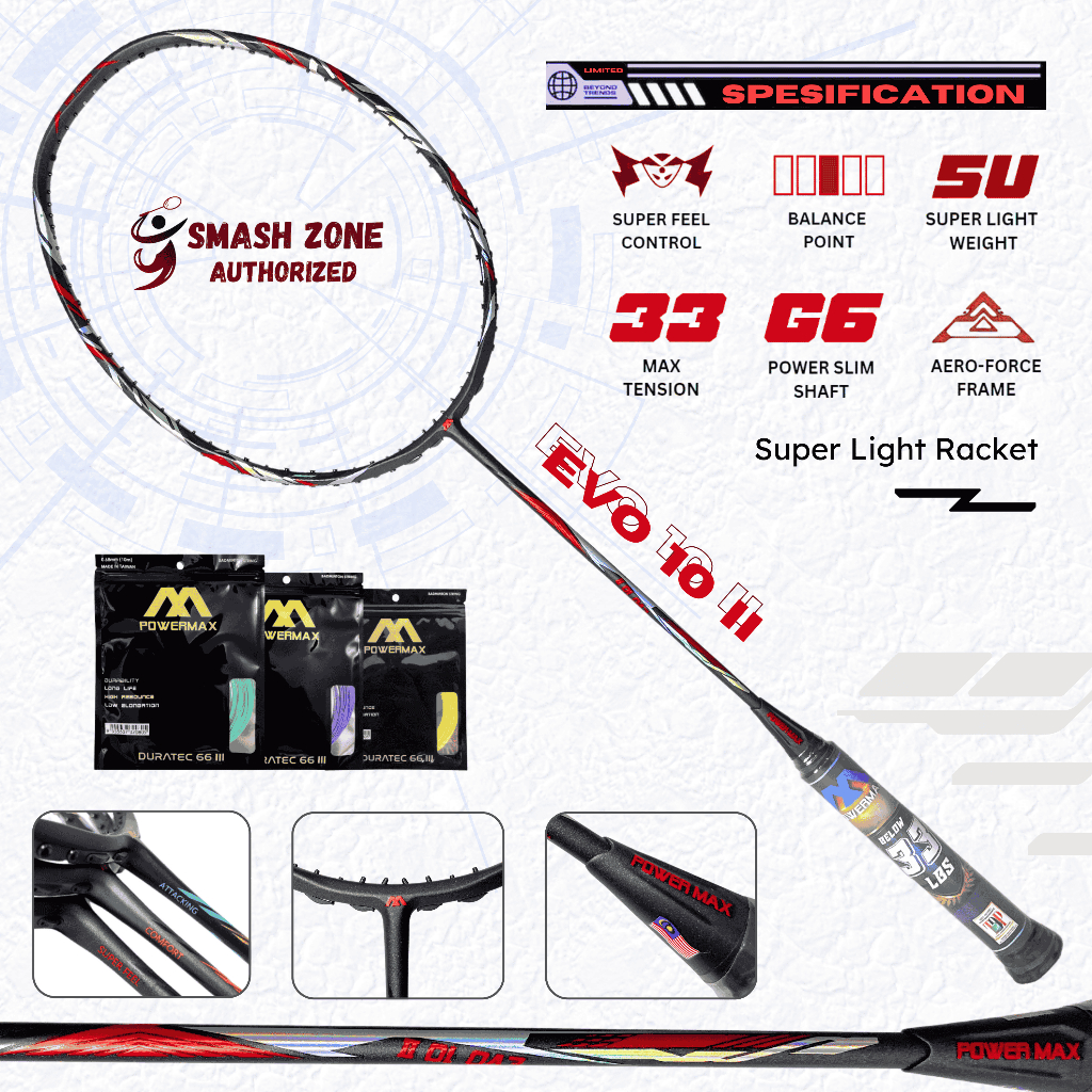 Raket Badminton Power Max EVO 10 II Original 33 LBS 5U Attacking Super Feel Raket Bulutangkis Ringan