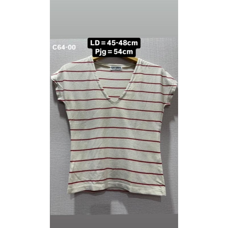 [C64-00] PRELOVED MURAH GIORDANO BAJU KAOS TSHIRT WANITA LENGAN PENDEK SALUR V-NECK CASUAL CREAM