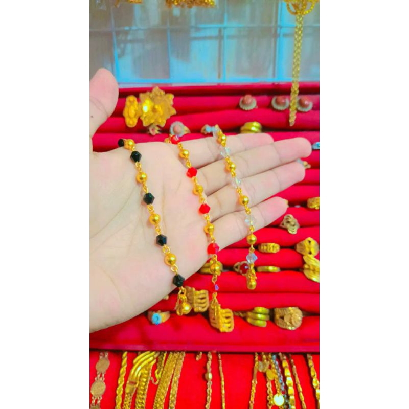 gelang bola merah putih hitam  emas lapis kristal 24 k