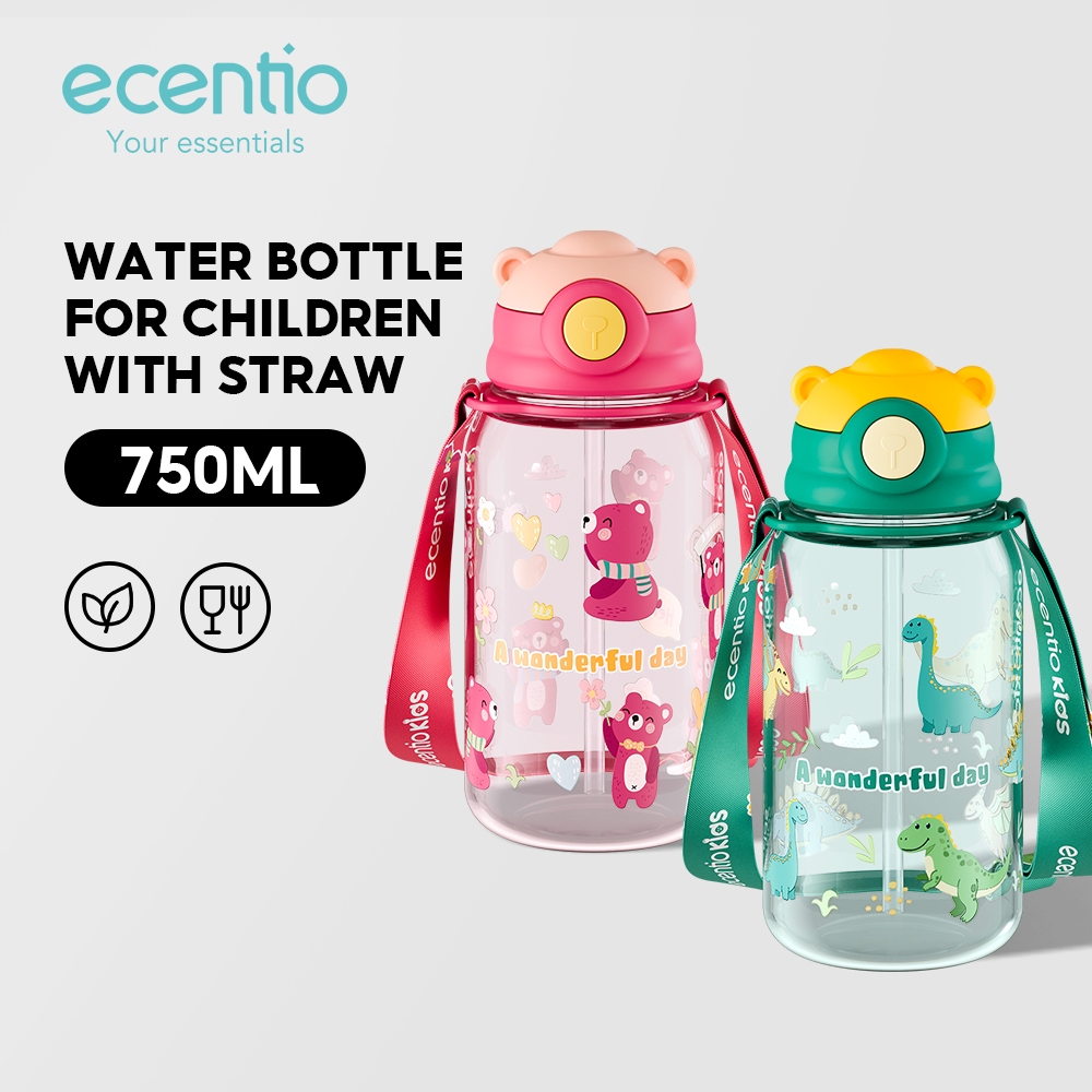ecentio kids Botol Air Minum Anak Sedotan 750ml Beruang Lucu Karakter Botol Minum Anak BPA FREE