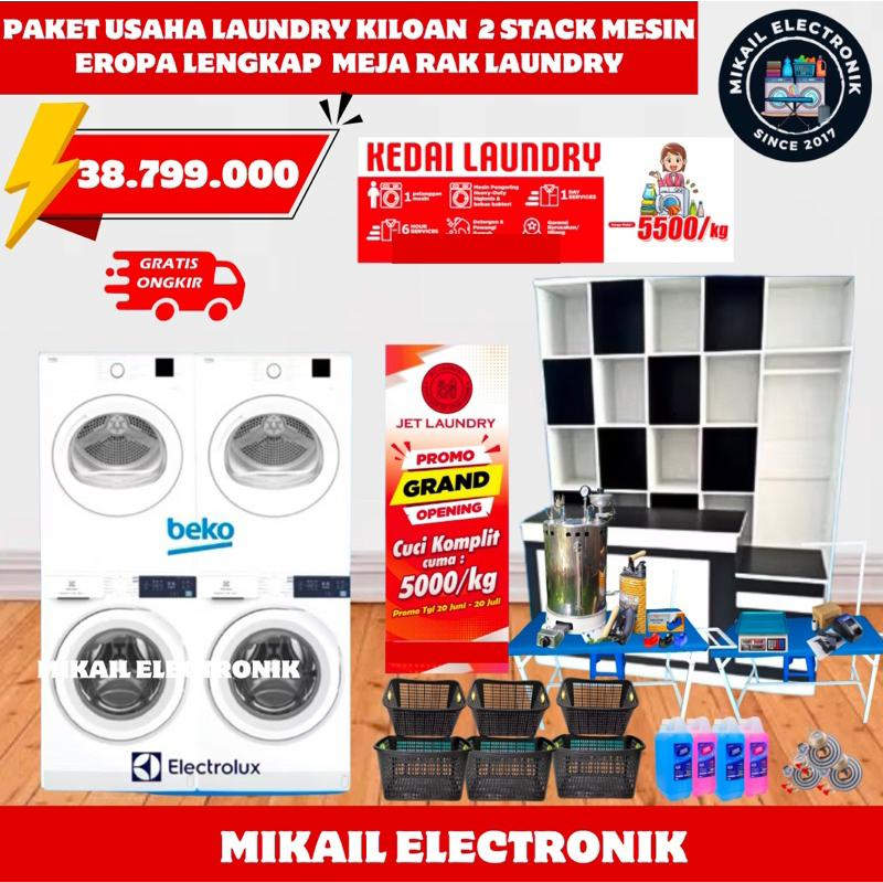 PAKET LAUNDRY KILOAN MESIN CUCI ELECTROLUX  DRYER BEKO SELLER EROPA 2 STACK +MEJA RAK LAUNDRY