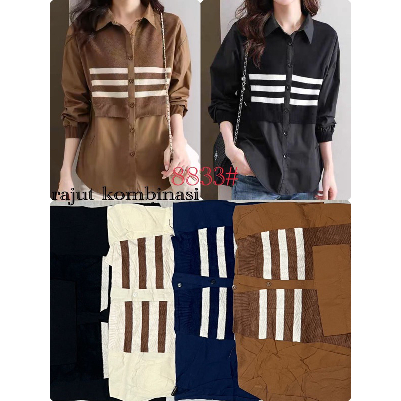 Blouse silk kerah kancing mix rajut salur dada import