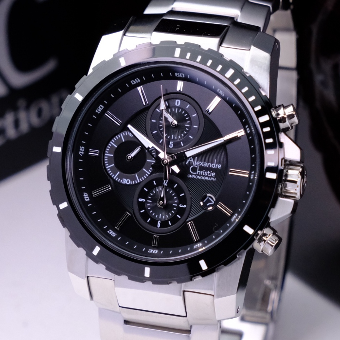 Alexandre Christie Pria Terbaru Chrono Series Original Warna Silver Black - AC6141 MC