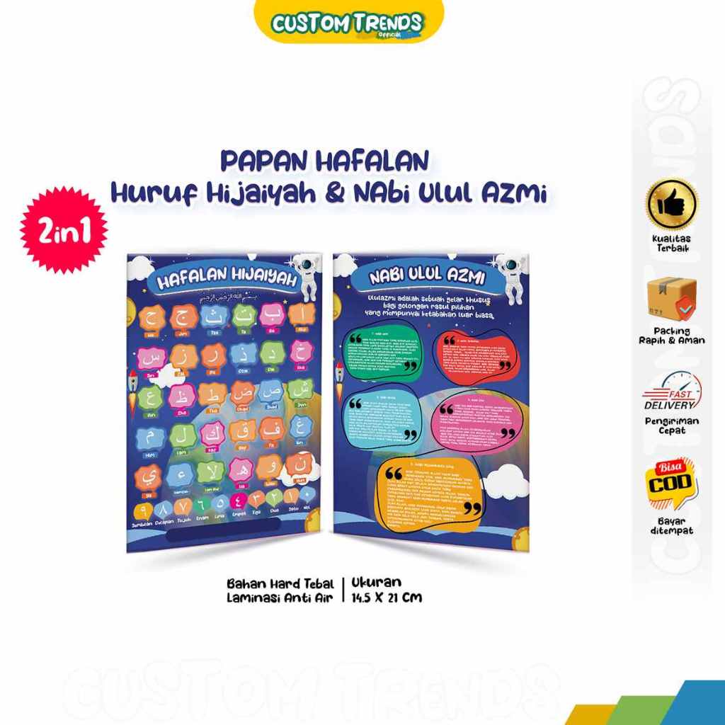 

Papan Hafalan Custom + Huruf Hijaiyah & Nabi Ulul Azmi Bahan Hard Tebal Laminasi Anti Air, Depan Belakang Varian Warna (Table Papan Hafalan)