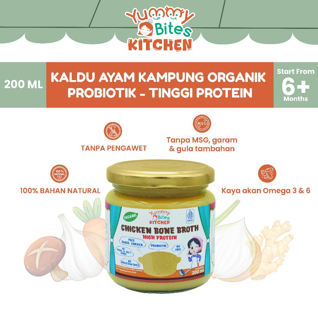 

[NIKITA WILLY EXCLUSIVE] Yummy Bites Kitchen - Kaldu Ayam Kampung Organik Probiotik 200 ML High Protein | Organic Probiotik Free Range Chicken Bone Broth