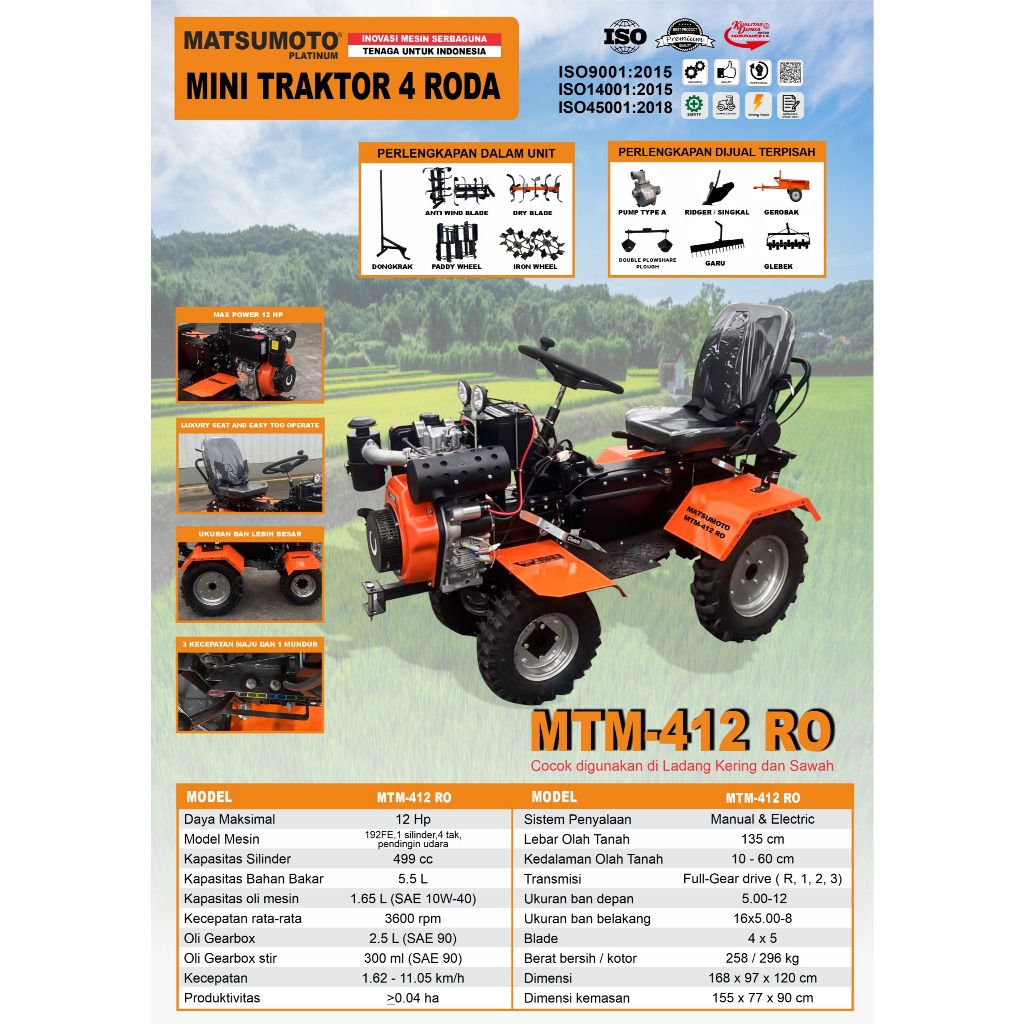 Mini Traktor 4 Roda Diesel Solar Matsumoto MTM-412 RO Elektrik Stater