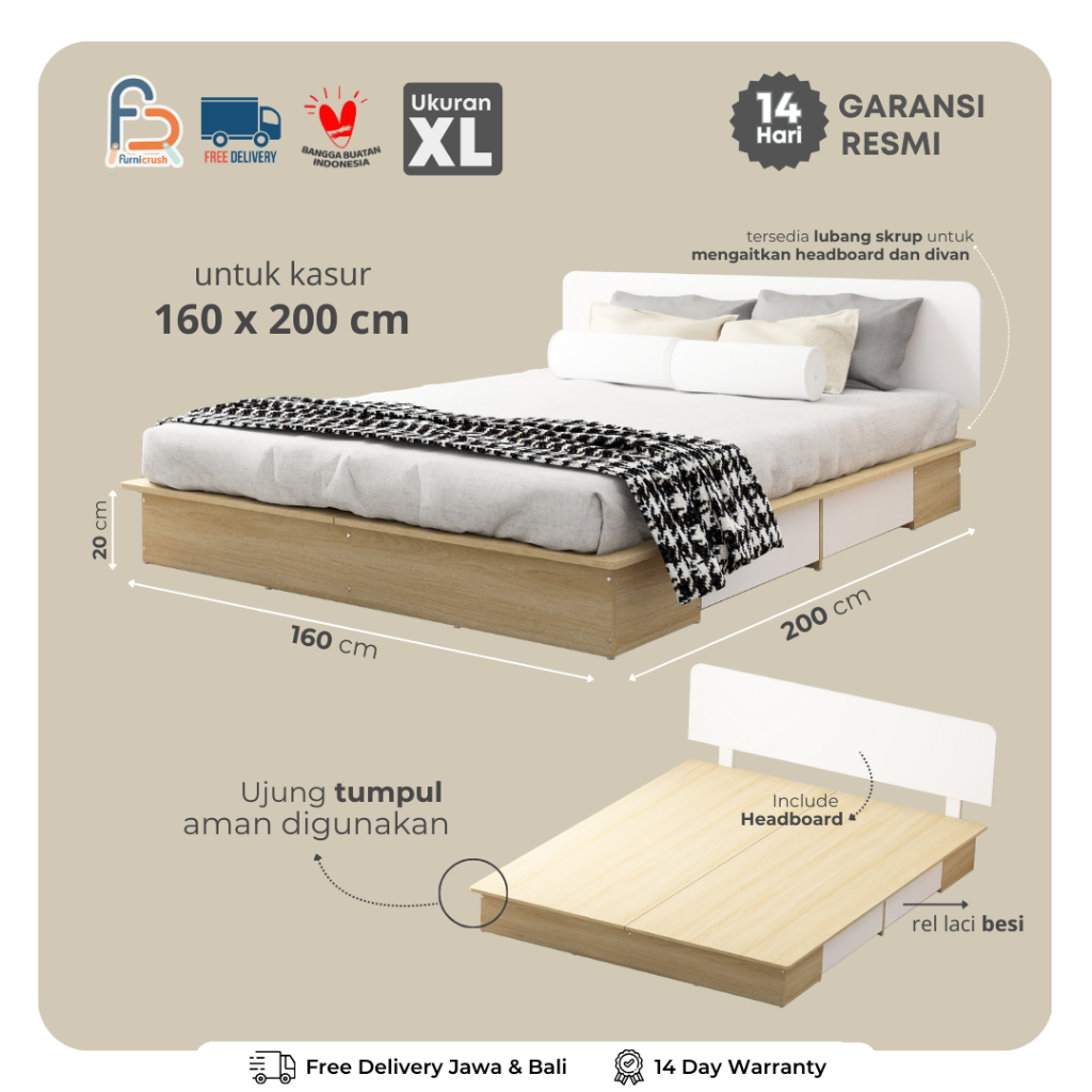Furnicrush Alas Tempat Tidur / Divan / Divan Headboard / Dipan 160 / Tempat Tidur dengan Laci / Dipa