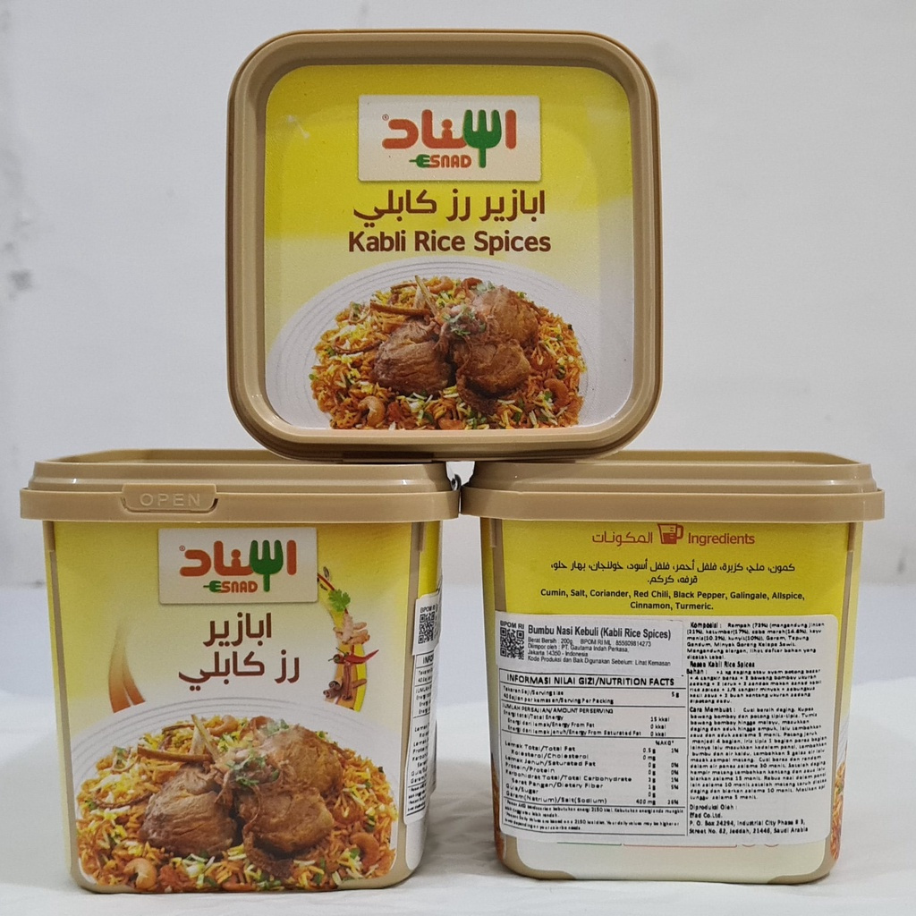

Bumbu Masakan Arab Nasi Kebuli Esnad Kabli Rice Spices 200gr Ori Arab BPOM Halal 100% NON MSG & PENGAWET (Exp 2027)