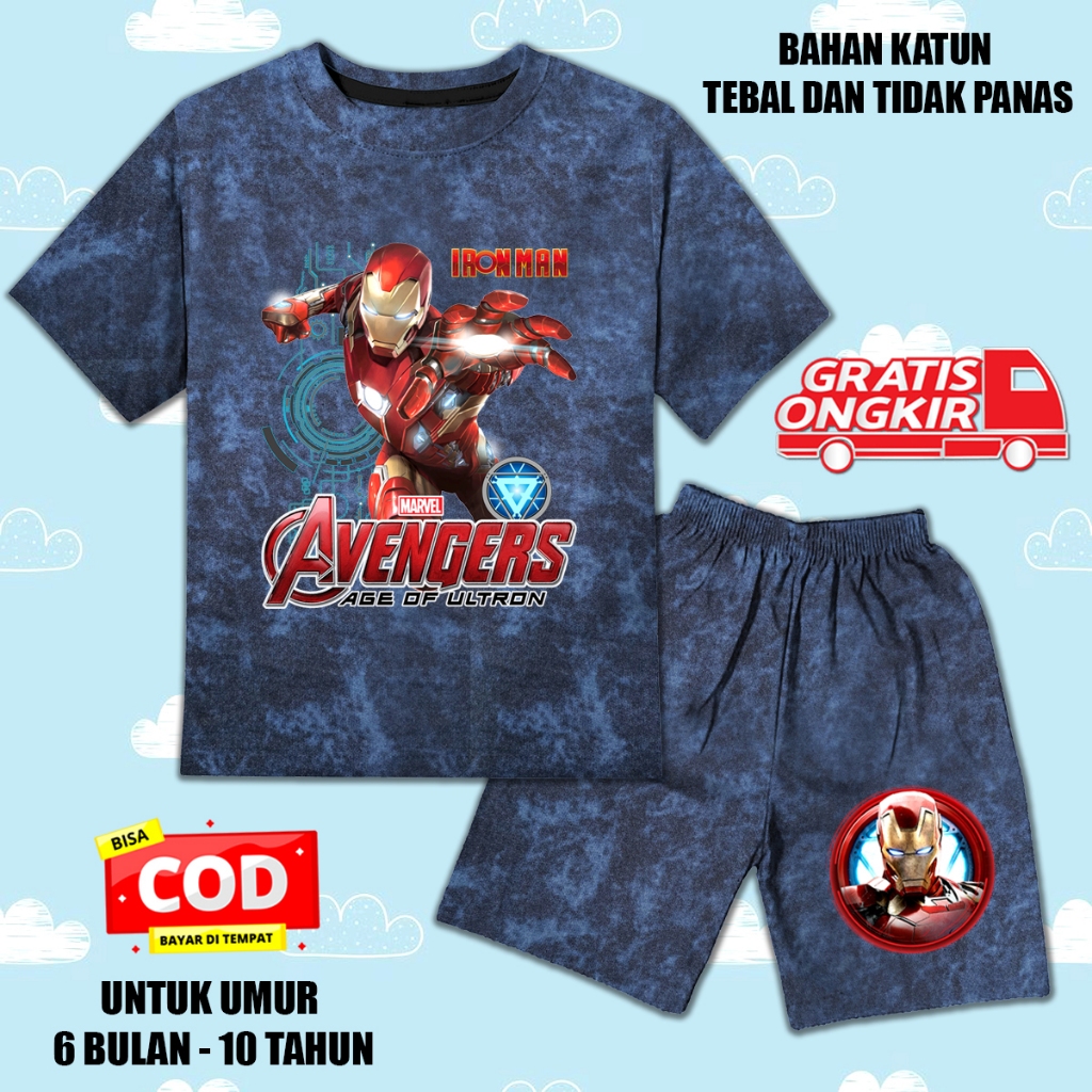 Setelan denim jeans printing lengan pendek anak laki laki perempuan set baju kaos anak iron man 2