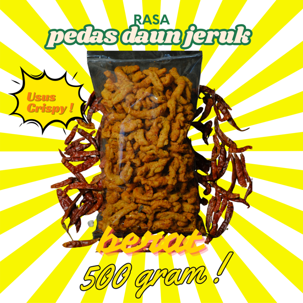 

Usus Ayam Crispy Rasa Pedas Daun Jeruk Berat 500 gram / Keripik Usus Crispy Pedas Daun Jeruk