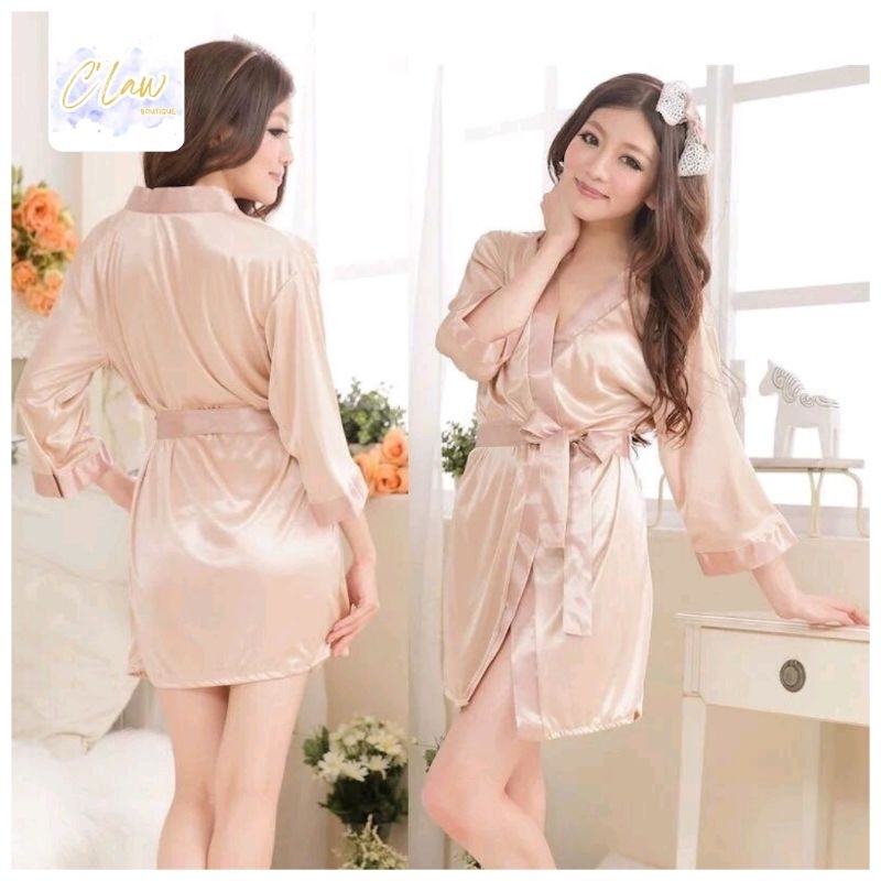 BAJU TIDUR PIYAMA SETELAN KIMONO WANITA  MOTIF POLOS SATIN ADA TALI DAN CELANA DALAM