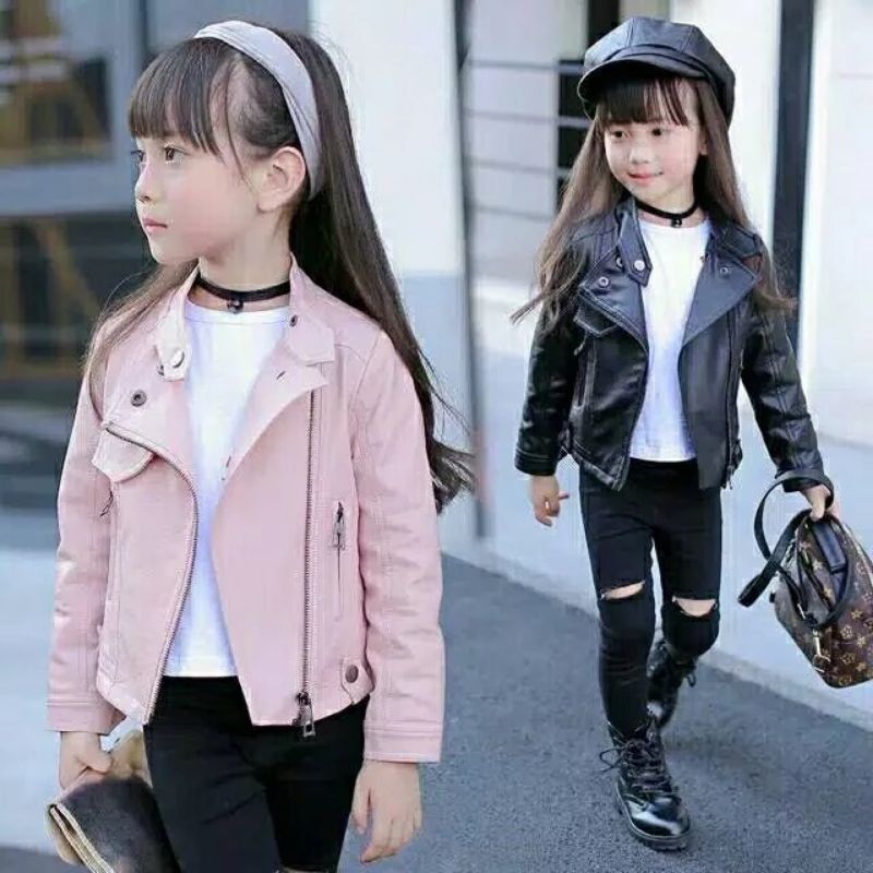 Jaket Semi Kulit Anak Perempuan – Crop Korea Modis Usia 5–12 Tahun | Jaket Cewek Anak Kekinian