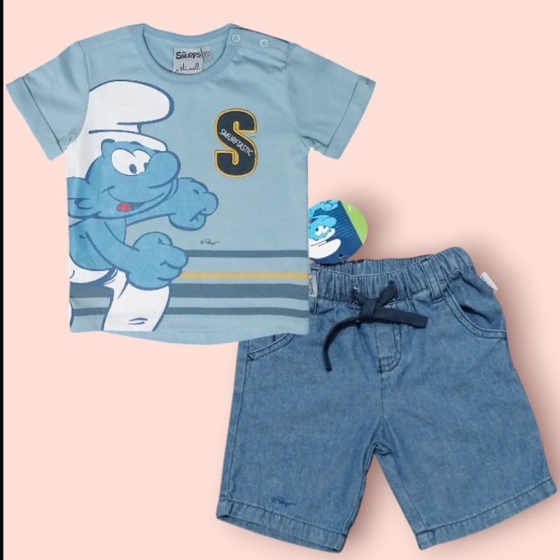 Set kaos dan celana pendek anak smurf original