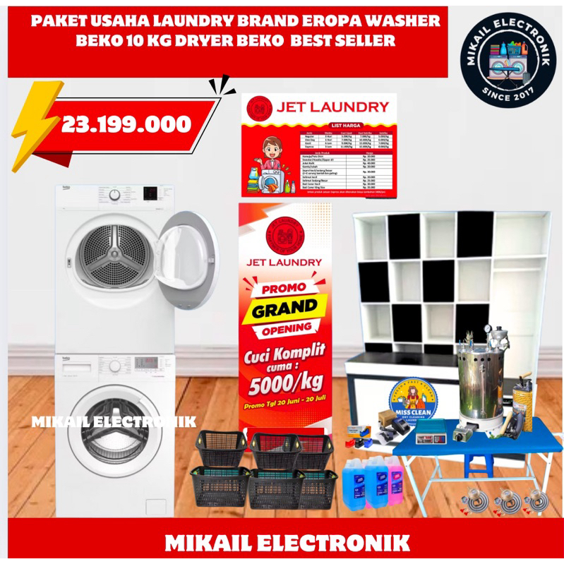 PAKET USAHA LAUNDRY KILOAN PEMULA LENGKAP MESIN CUCI BEKO 10 KG DRYER BEKO 8 KG MEJA RAK LAUNDRY