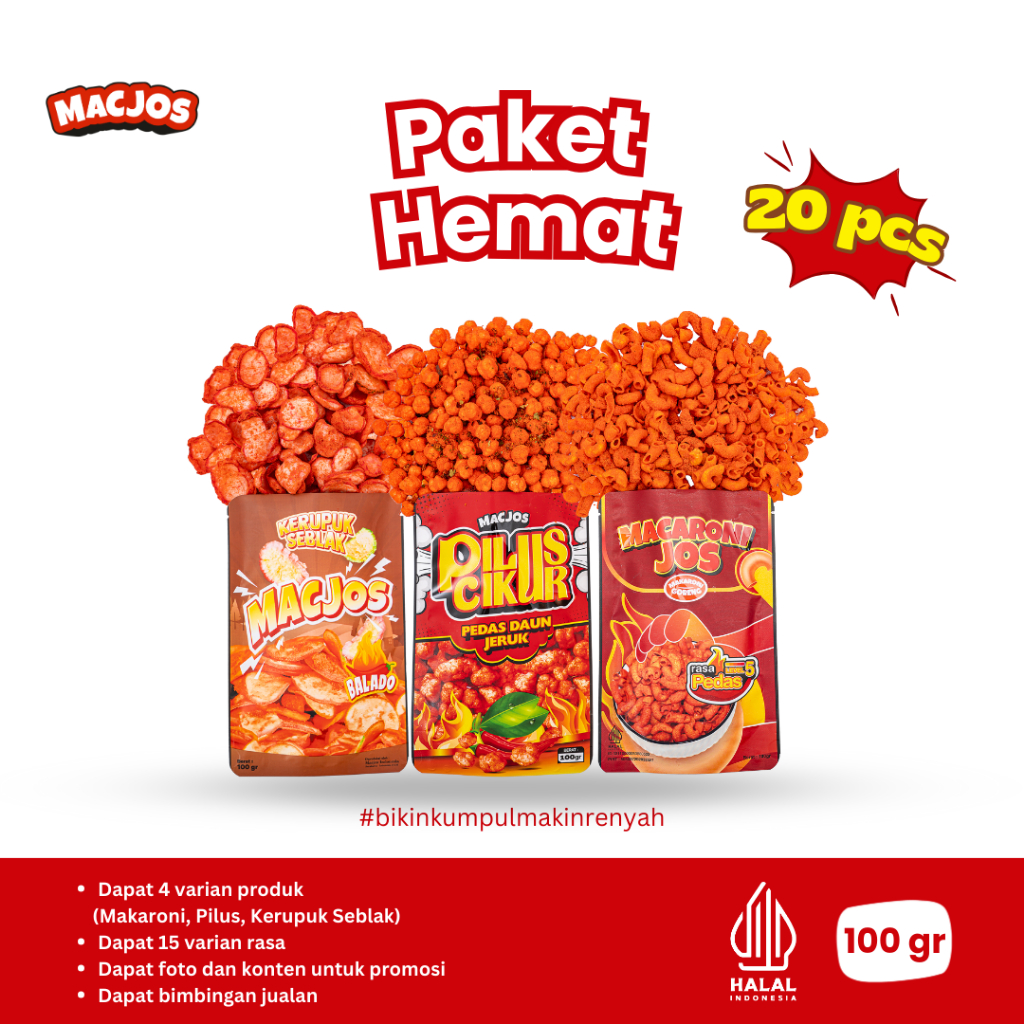 

MACJOS Cemilan Makaroni Pilus Kerupuk 20pcs Paket Hemat