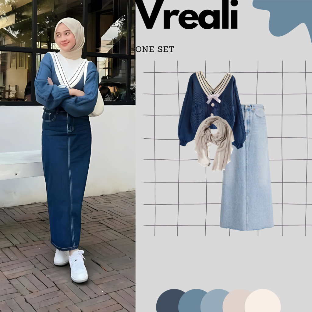 One Set OOTD Kampus Gaya Selebgram Terbaru Model  ( Hijab + Blouse + Rok JEANS ) - BY 42