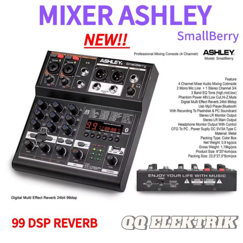 Mixer ASHLEY 4 Channel SMALLBERRY USB Blueetooth Efek 99Dsp