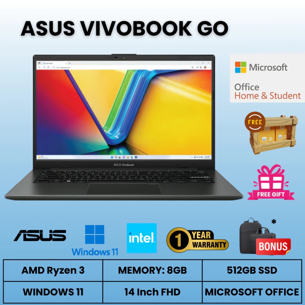 Laptop Asus VivoBook Go AMD Ryzen 3 - 8GB - 512GB SSD - 14" - Windows