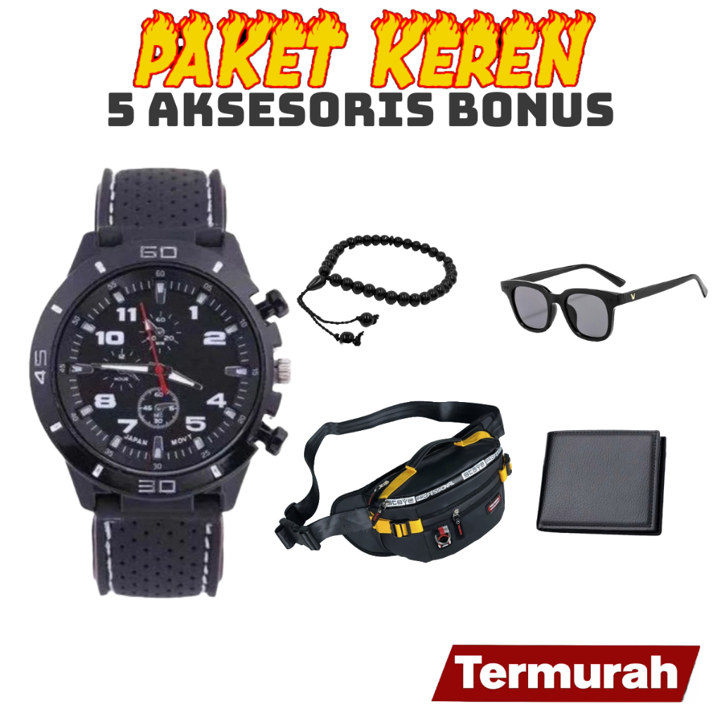 Jam Tangan Pria Analog Tali Karet Hadiah Paket Aksesoris Bonus
