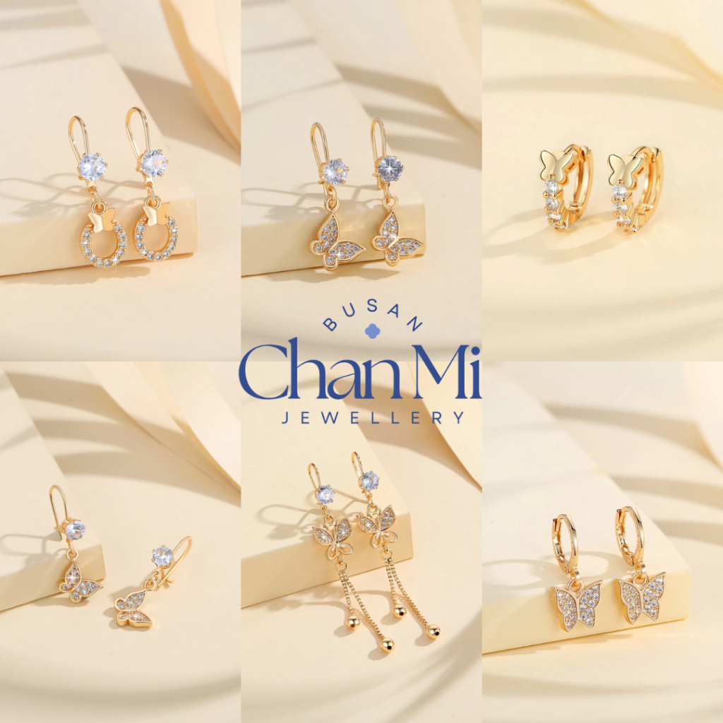 【CHANMI】 Perhiasan Anting Kupu Kupu Wanita Tidak Karat Titanium Permata Jewellery Anti Luntur Korea 