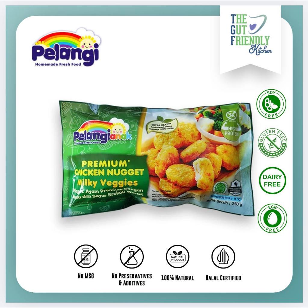 

PELANGI - Nugget Ayam Milky Veggie Soy Free, Egg Free, Halal Non MSG & Non Pengawet