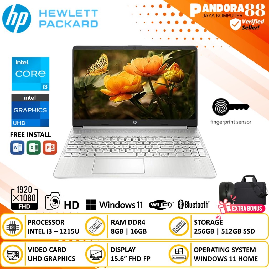 Laptop HP core i3 RAM 16GB 512 SSD 15-inch Full HD Win11 Murah Baru