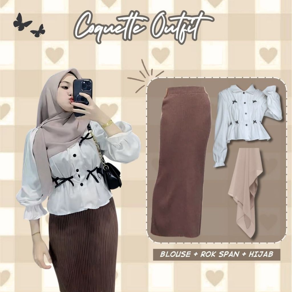 Penawaran Terbatas One Set Hijab OOTD KoreanOutfit Kampus(Blouse Coquette, Rok Span Rajut, Jilbab