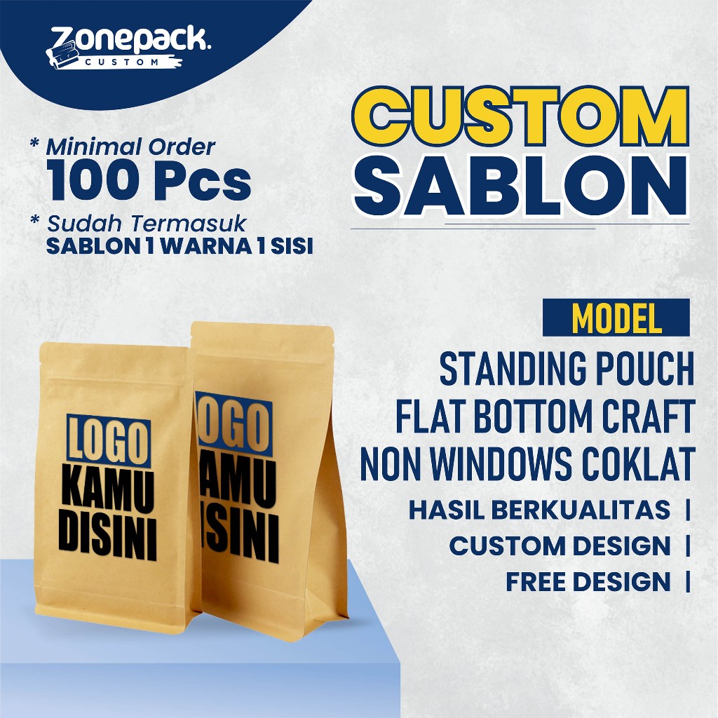 Sablon Standing Pouch Flat Bottom Craft Non Windows Coklat | Custom / Free Desain Kemasan Kopi Snack