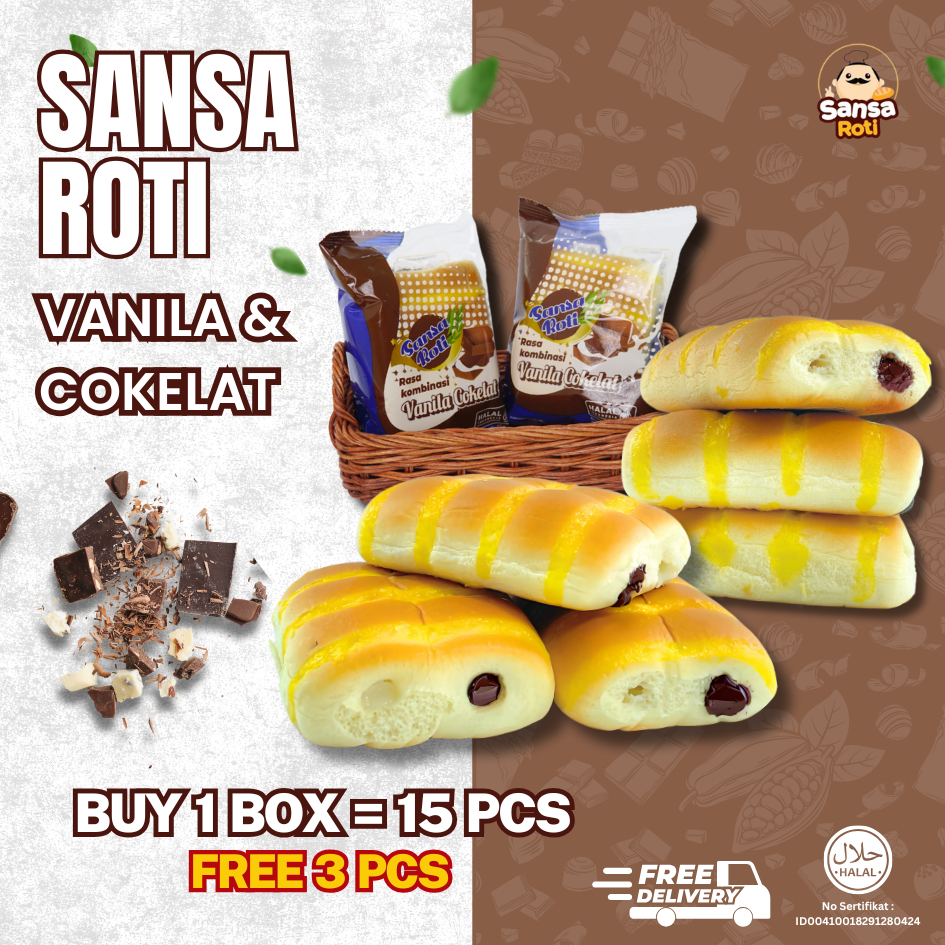 

Sansa Roti Rasa Vanila Cokelat isi 15 Pcs + (FREE 3 PCS) | Snack Roti Chocolate Vanilla Lembut Halal