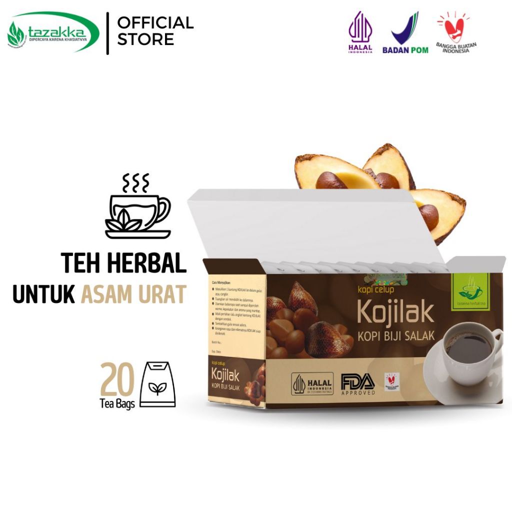 

TAZAKKA Kojilak Kopi Biji Salak Teh Herbal Tea Bag Celup Minuman Kesehatan Obat Asam Urat Rematik